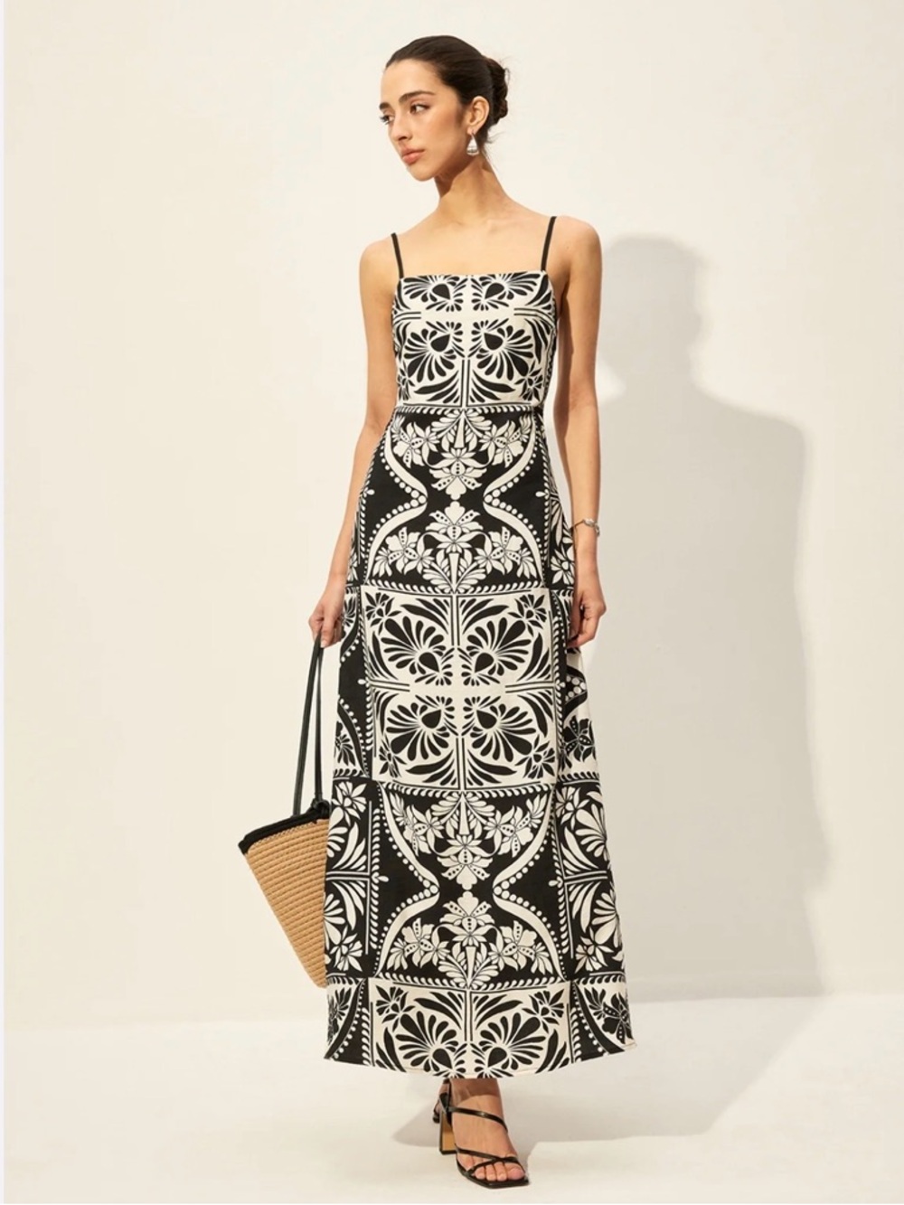 Commense Black and White Floral Tile Maxi Dress